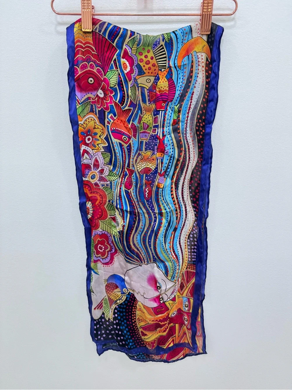 Vintage Laurel Burch silk scarf colorful fish birds beads & sequins mermaids